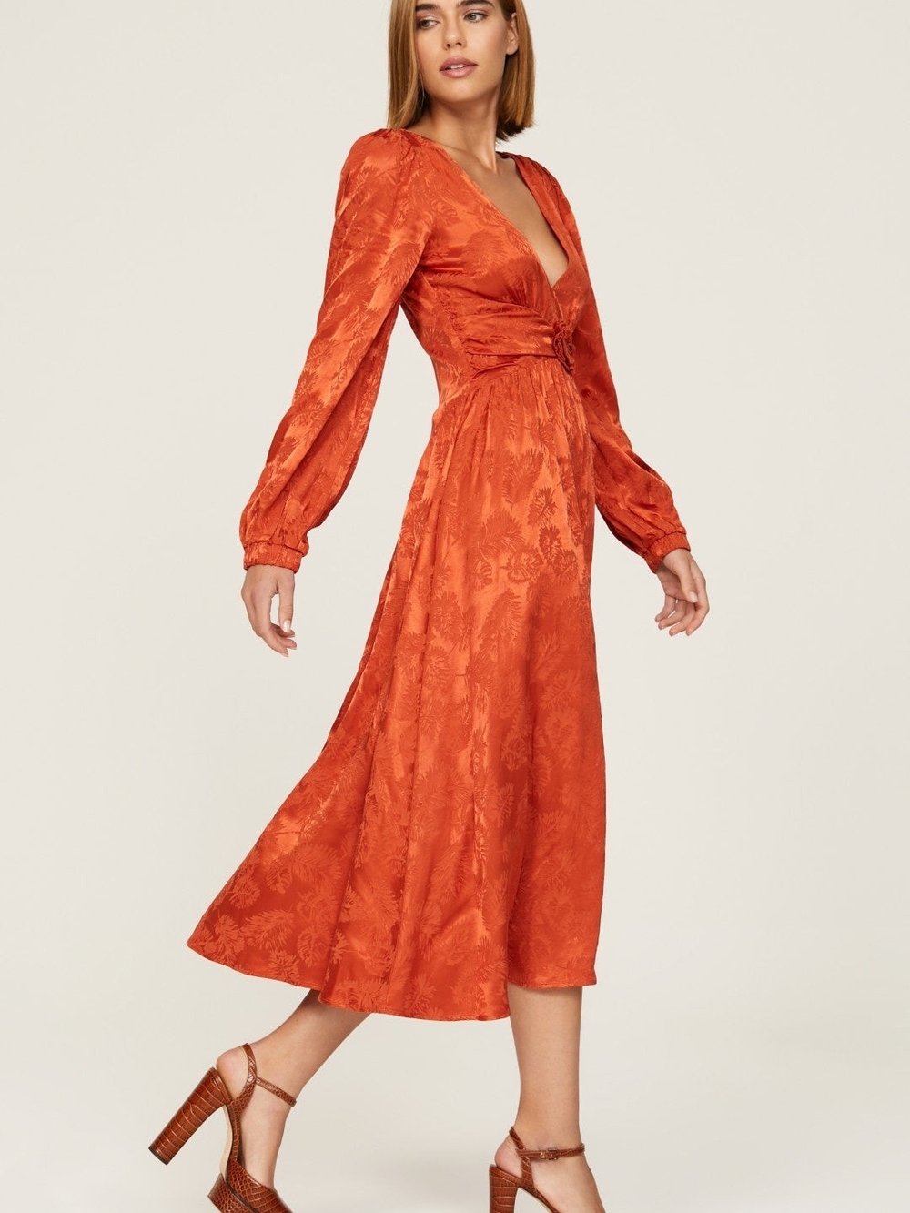 LOVE, WHIT by WHITNEY PORT Burnt Orange Jacquard Plunge Neck Midi Dress Small